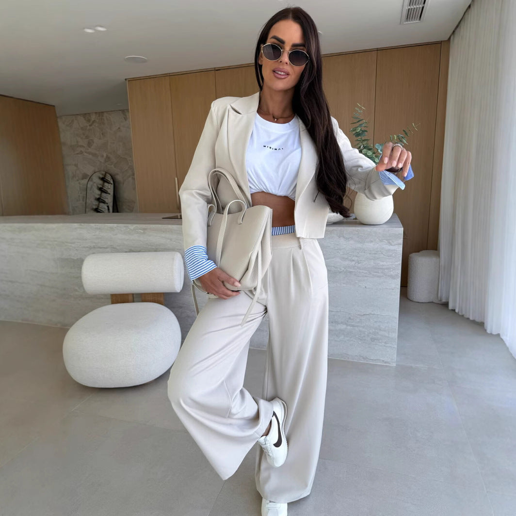 Dame cropped blazer og bred bukser sæt Stilla