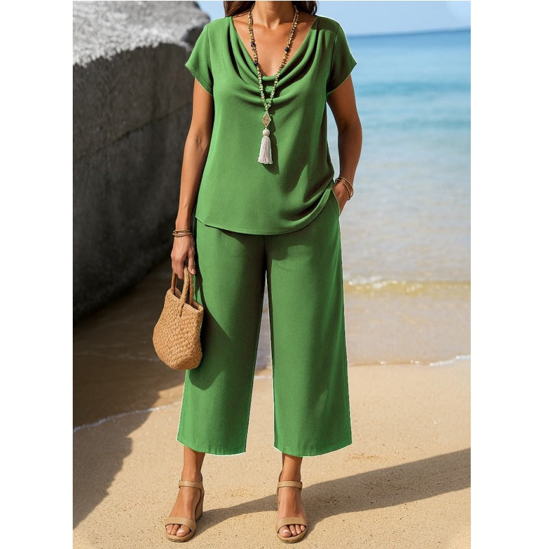 Dame afslappet overdel og brede bukser i sæt Stilla