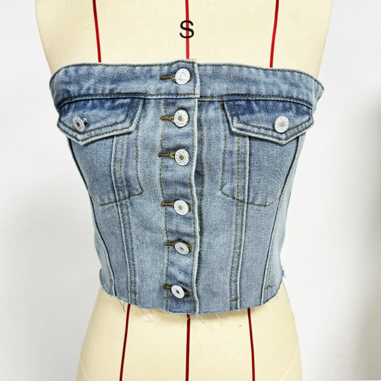 Dame Denim Bustier med knaplukning og afslappet snit Stilla