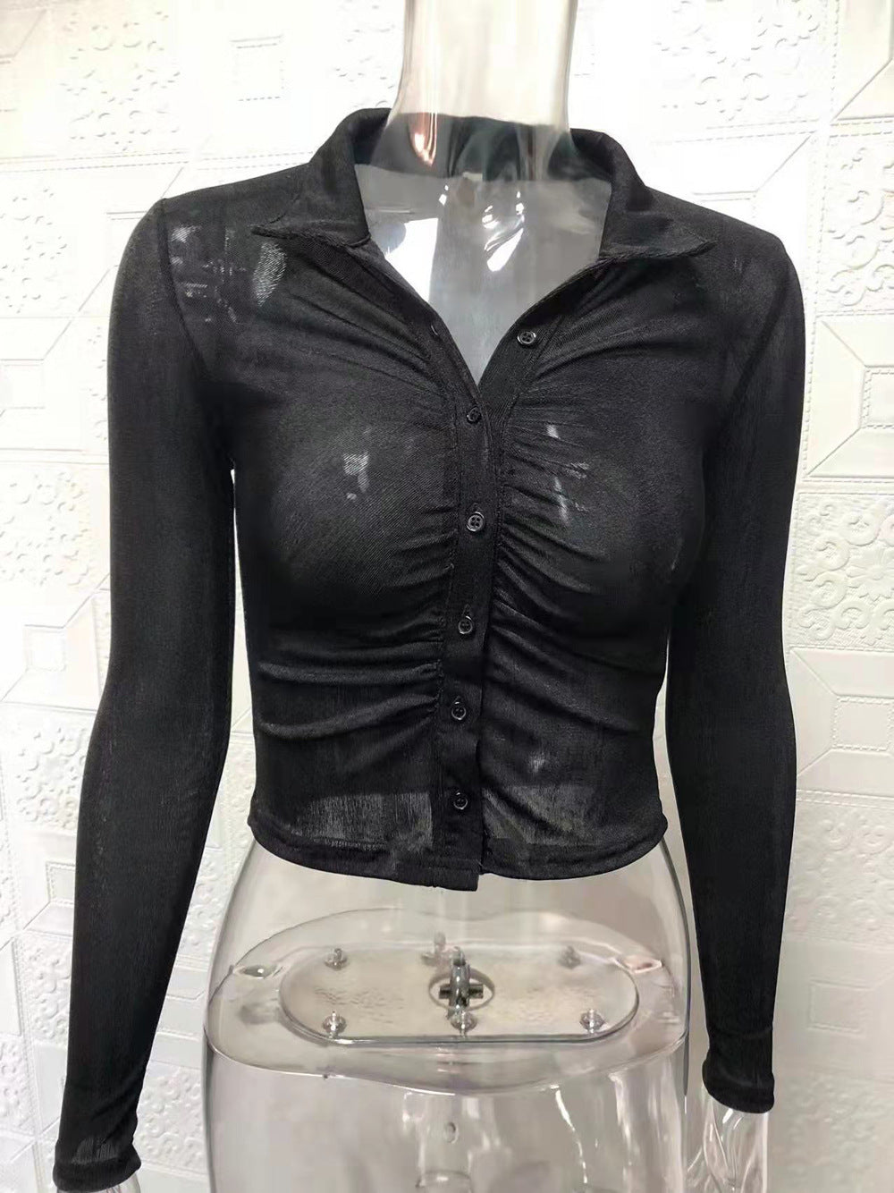 Dame Cropped Langærmet med Rynkning og Knapliste Stiila