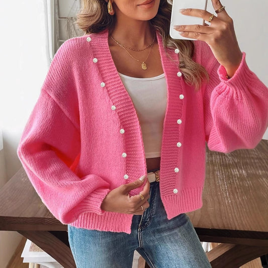 Dame afslappet strik cardigan med perle knapper og bred snit Stilla