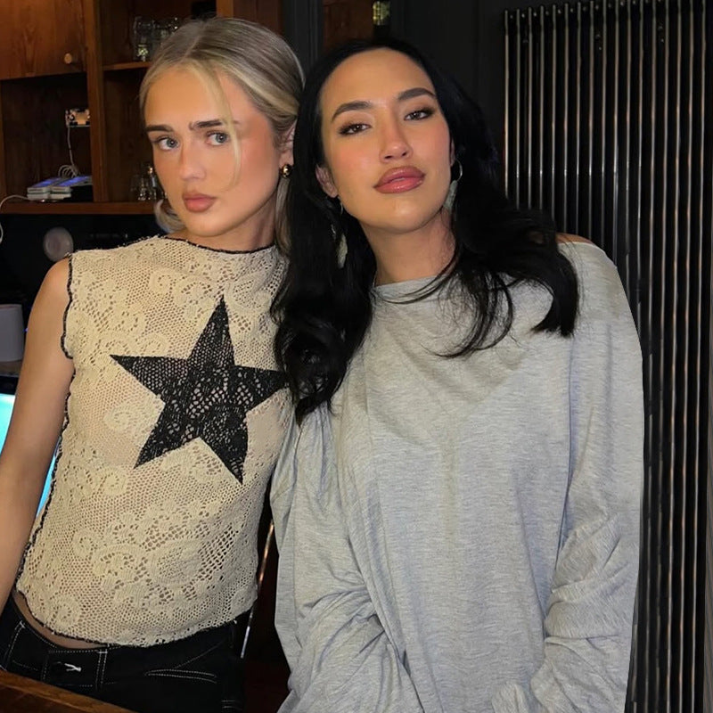 Dame Cropped Shirt med stjernedesign og netstof Stilla