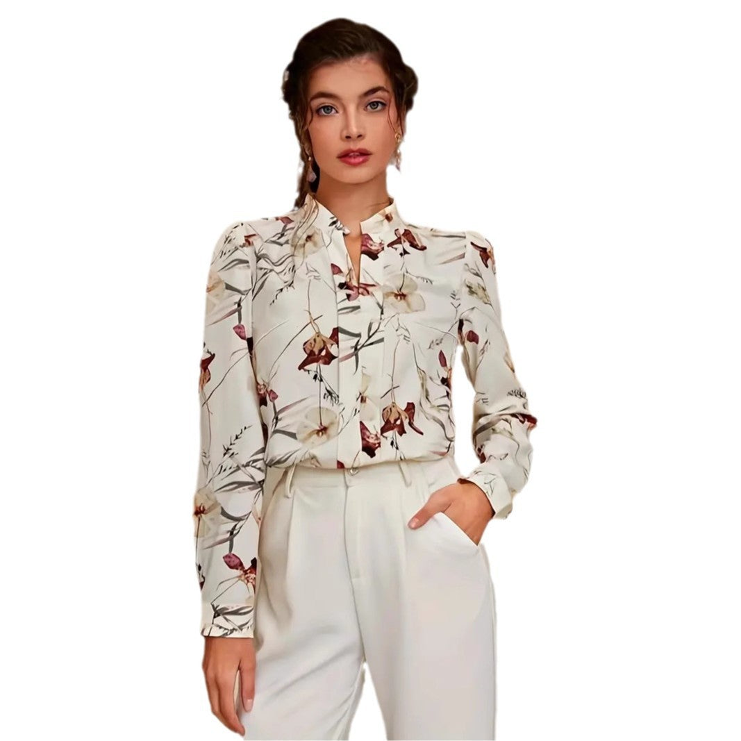 Dame elegant bluse med blomsterdesign og højhalset knapdetaljer Stilla