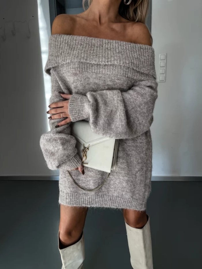 Dame afslappet oversized strikkjole med skulderfri snit og voluminøse ærmer Stilla