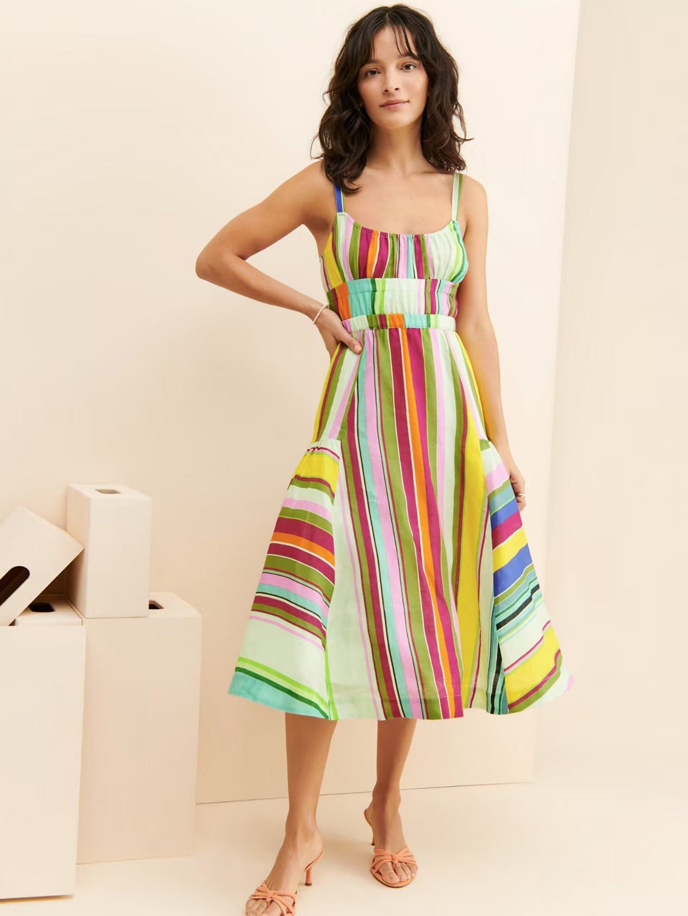 Dame A-linje Sommer Midi Kjole med justerbare stropper og livligt stribemønster Stilla