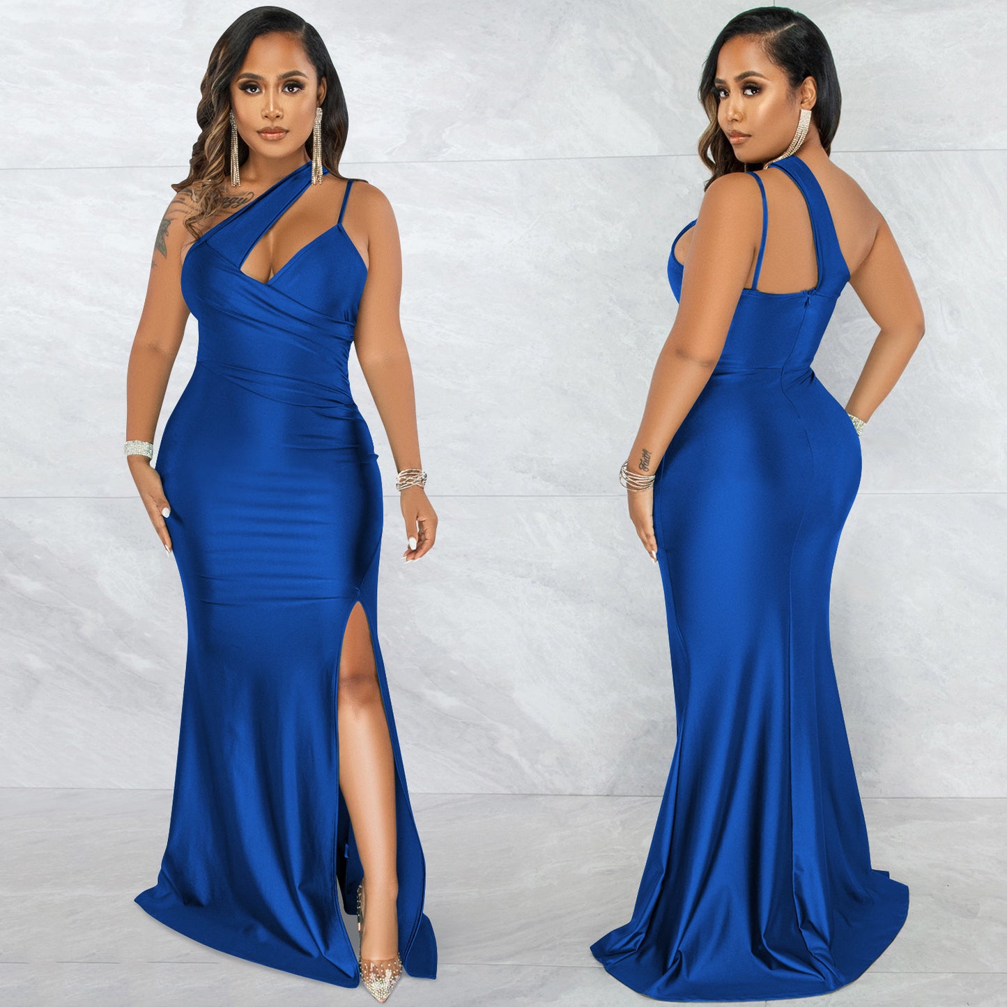 Dame elegant aftenkjole med asymmetrisk snit og glitrende satin Stilla