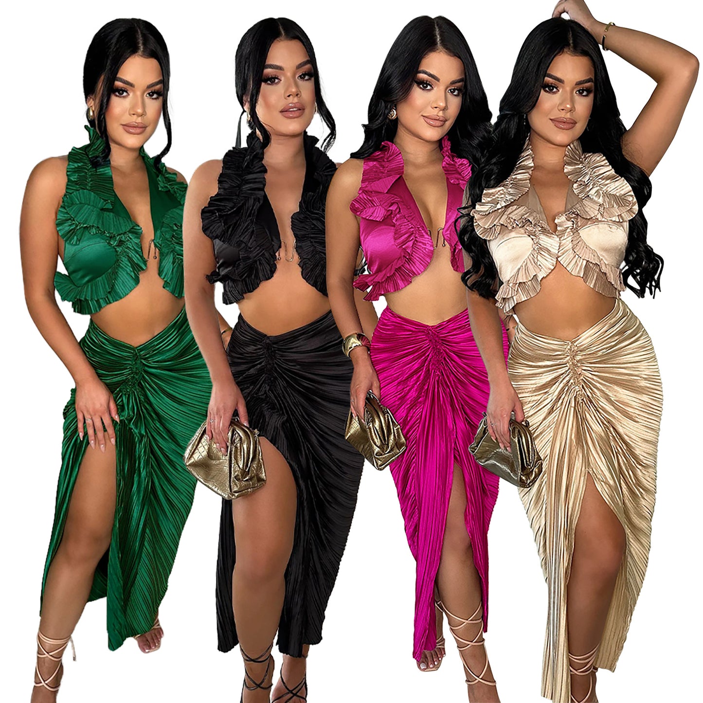 Dame Elegant Draperet Sæt med Flæse-Top og Maxi-Nederdel Stilla