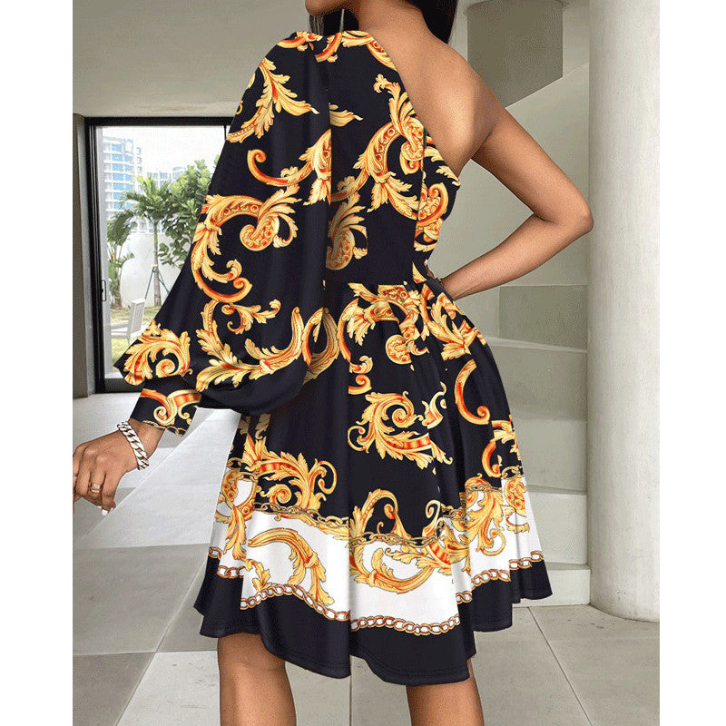 Dame Elegant En-Skulder-Sommerkjole med flydende nederdel og blomsterprint Stilla