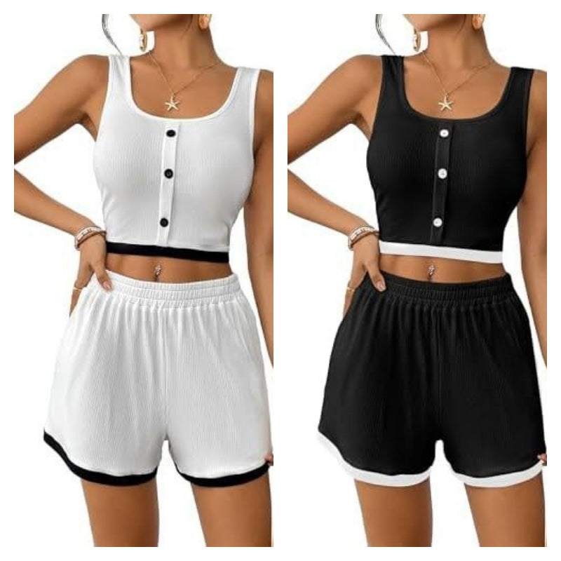 Dame afslappet sportset med knaplukning og stribet design Stilla