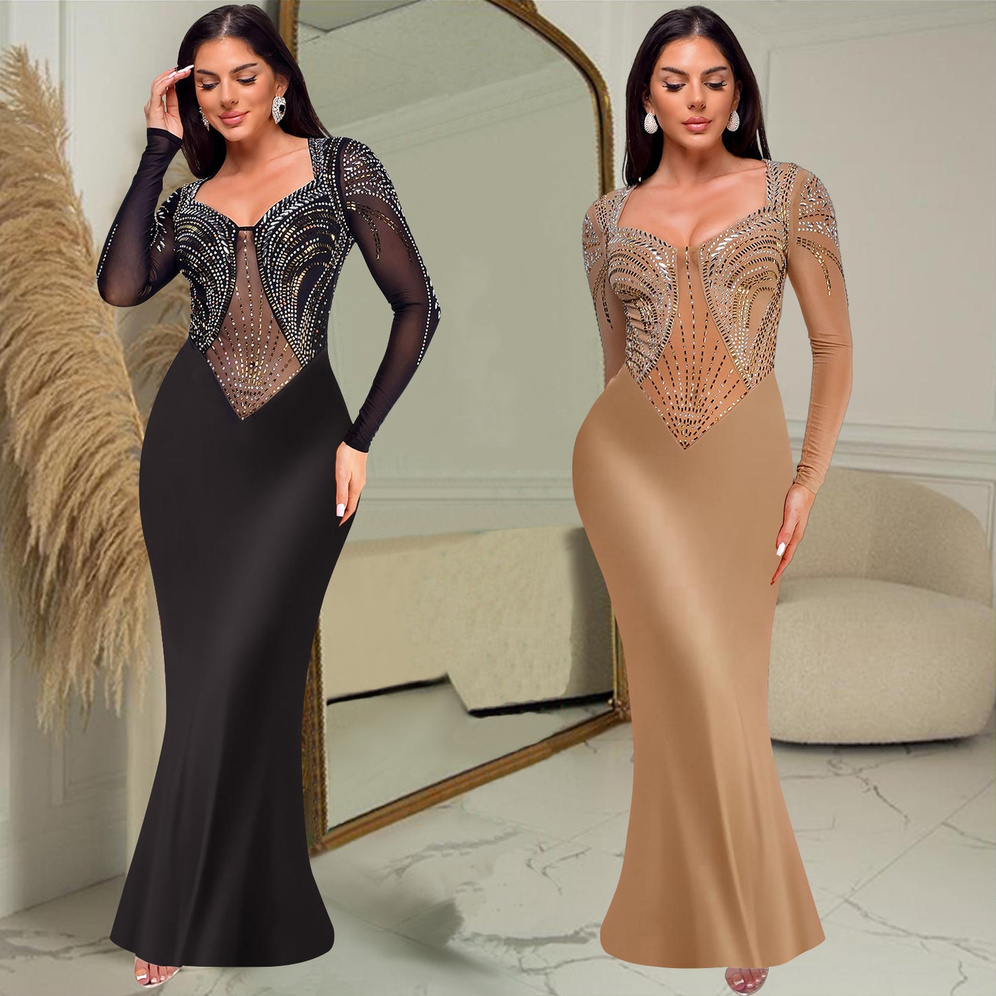 Dame Elegant aftenkjole med glitrende pailletter og gennemsigtige ærmer Stilla