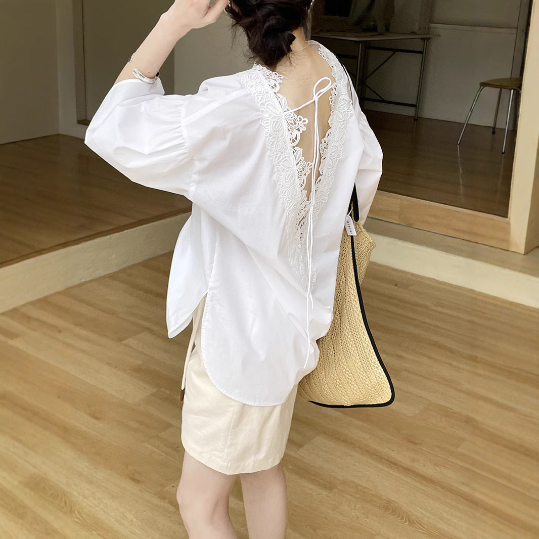 Dame elegant bluse med fine spids dekorationer og moderne V-udskæring Stilla