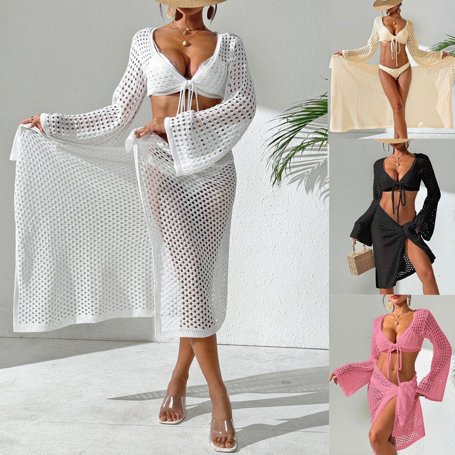 Dame Åben Strik Strand Cover-Up Sæt Stilla