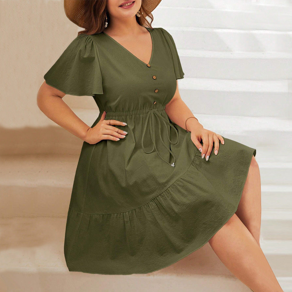 Dame afslappet midi-kjole med knapdybde og rynket nederdel Stilla