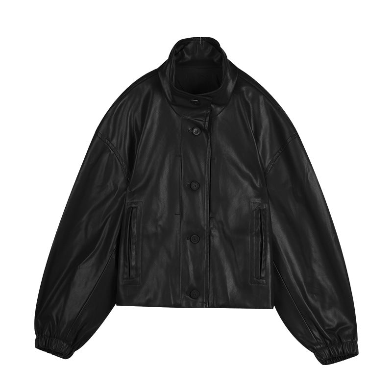 Dame afslappet kunstlæderjakke med høj krave og praktiske lommer Stilla