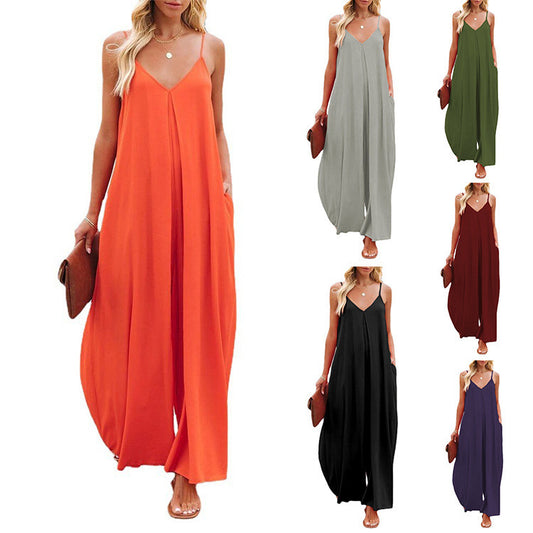 Dame bredskåret jumpsuit med spaghetti stropper Stilla