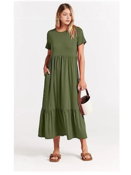 Dame afslappet maxikjole med elastisk talje og dyb flæse Stilla