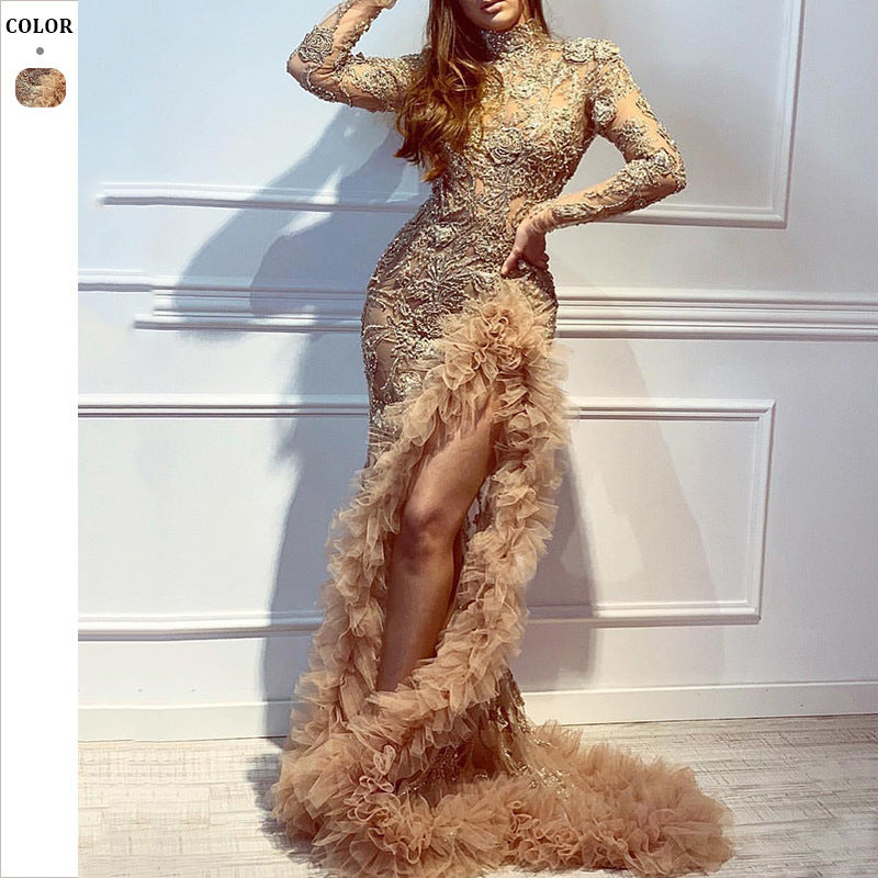 Dame Elegant Aftenkjole med gennemsigtige ærmer og ekstravagante flæse detaljer Stilla