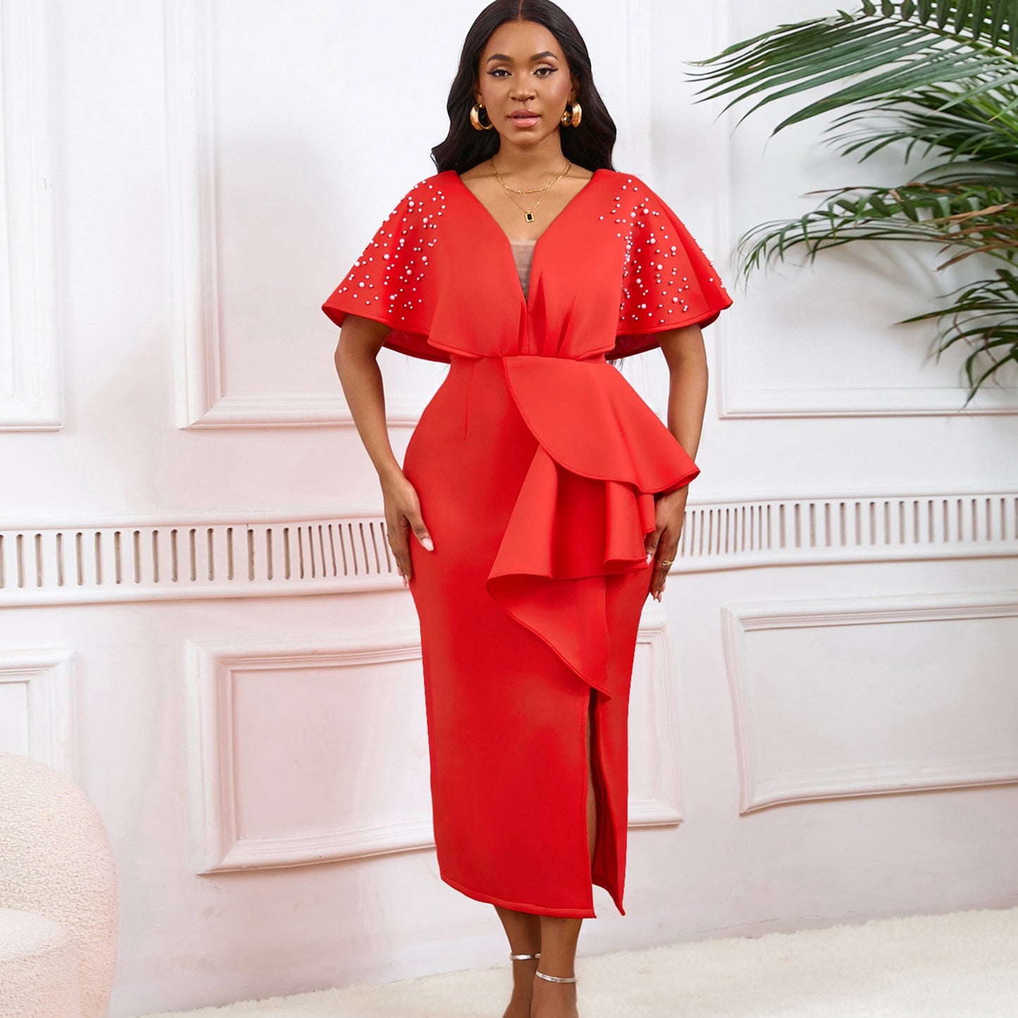 Dame Elegant aftenkjole med rynker og funklende detaljer Stilla