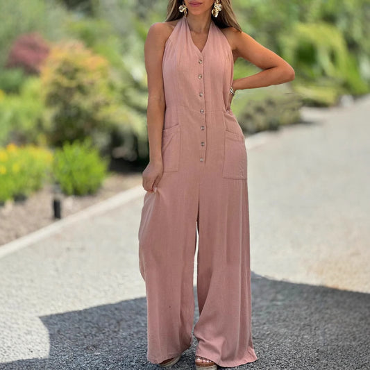 Dame Halter- jumpsuit med praktiske lommer og knaplukning Stilla