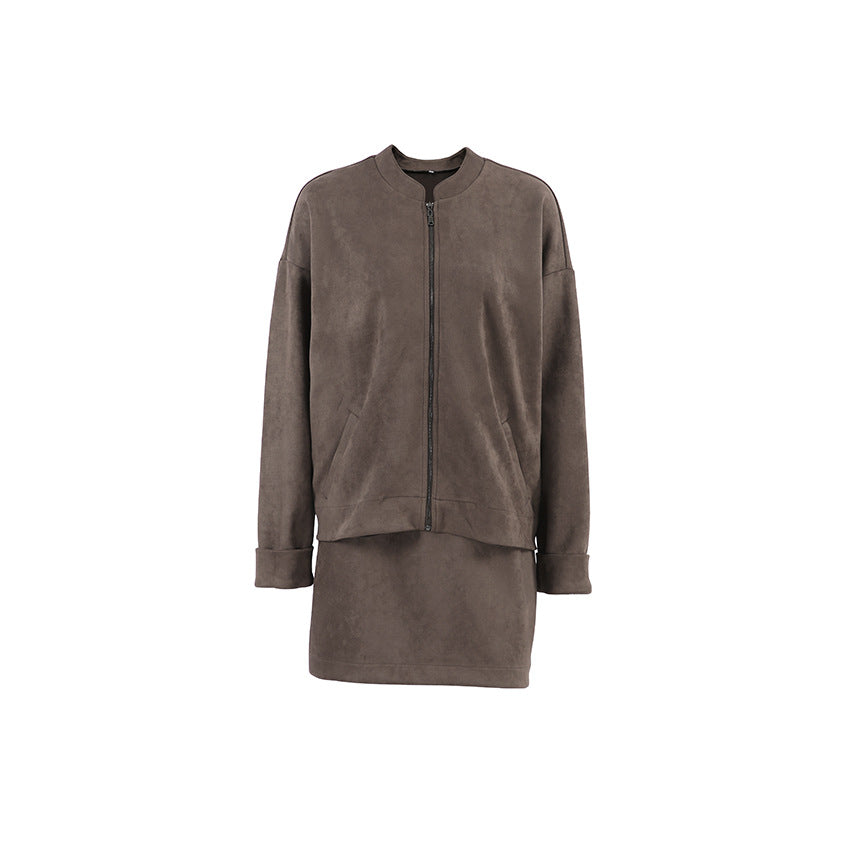 Dame afslappet blazer- og nederdelssæt med elegant lynlås Stilla