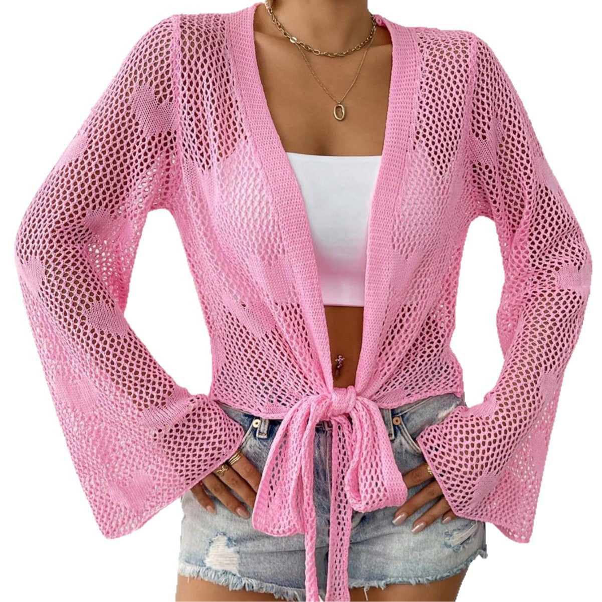 Dame Åben Strik Strandcardigan med Bindebånd Stilla