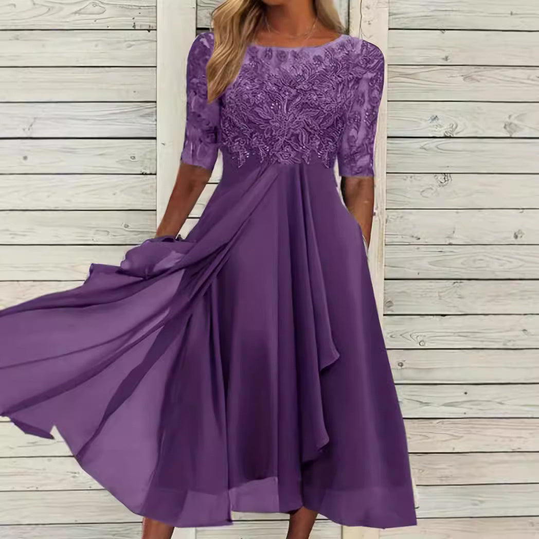 Dame Elegant Chiffon Aftenkjole med detaljeret Blondebroderi Stilla