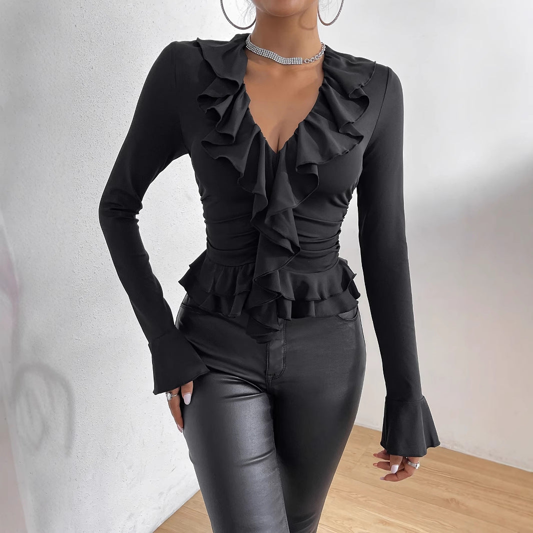 Dame elegant bluse med flydende flæsekant Stilla