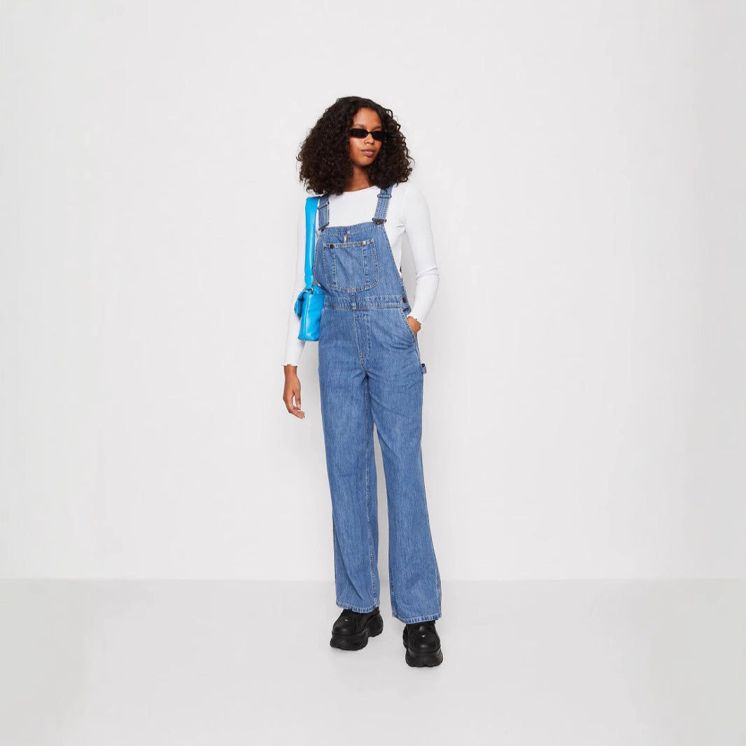 Dame afslappet denim overalls med funktionelle lommer og bredt ben Stilla