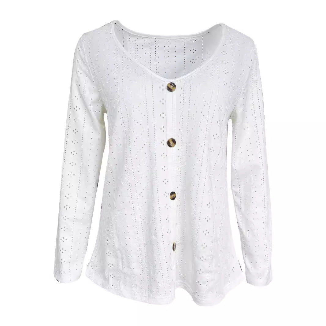 Dame Elegant bluseoverdel med gennemboret struktur og dekorative knapper Stilla
