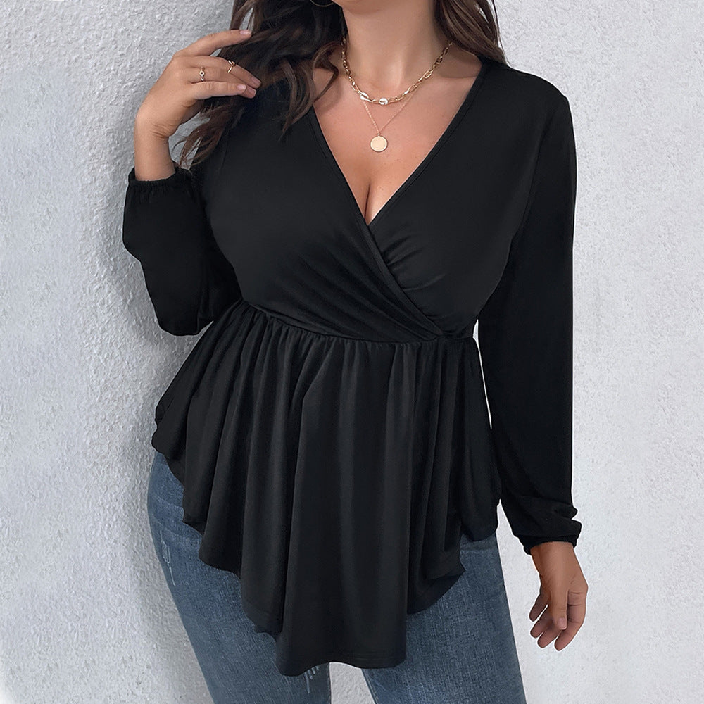 Dame elegant indpaknings top med svingende kant og V-udskæring Stilla