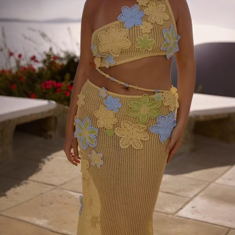 Dame Crop-Top og Maxiskirts sæt med florale hækleapplikationer Stilla