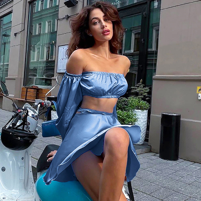 Dame Crop-Top og Mini nederdel sæt med rynkede ærmer Stilla