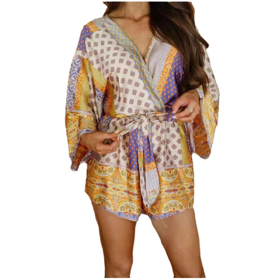 Dame Boho-inspireret kortærmet jumpsuit med rynket talje Stilla