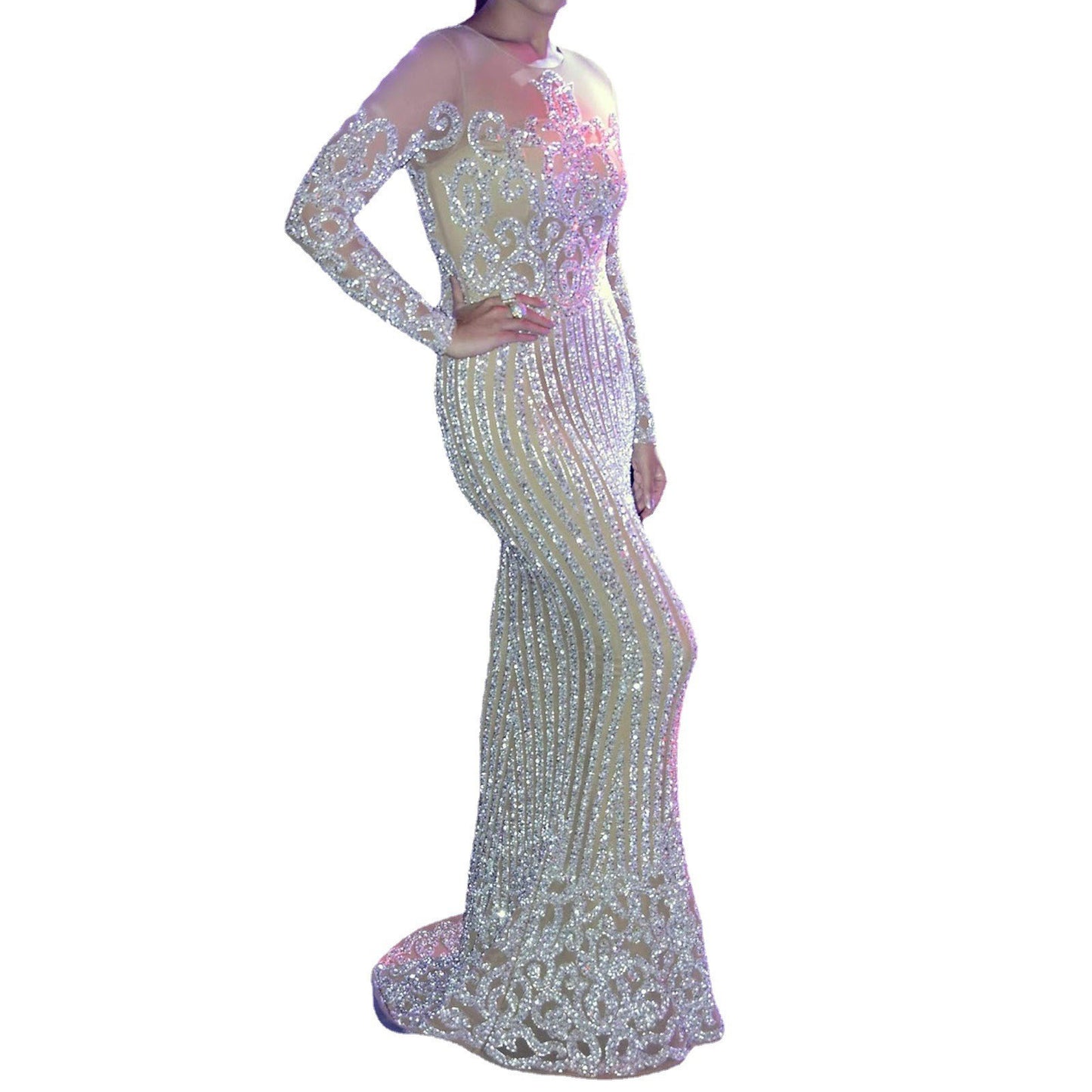 Dame Elegant aften kjole med gennemsigtige ærmer og detaljeret paliet broderi Stilla