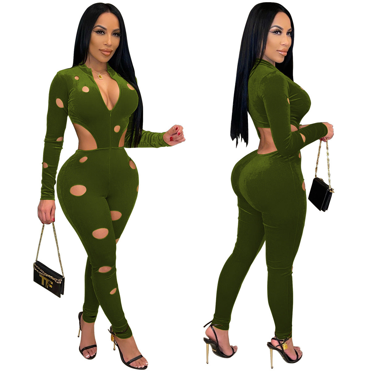 Dame figursyet Cut-Out-Jumpsuit med lange ærmer og lynlås Stilla