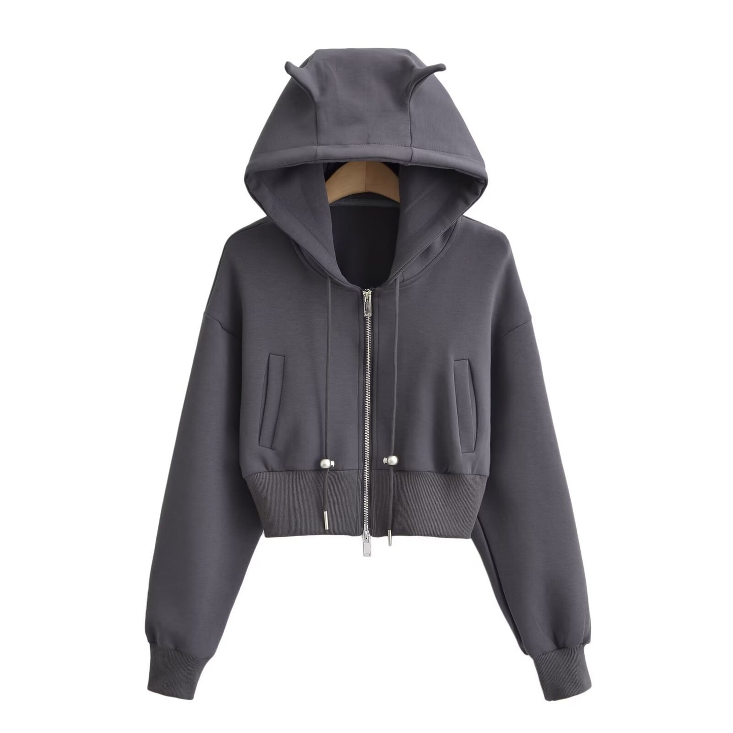 Dame Cropped Hættejakke med legende design og praktiske lynlås lommer Stilla