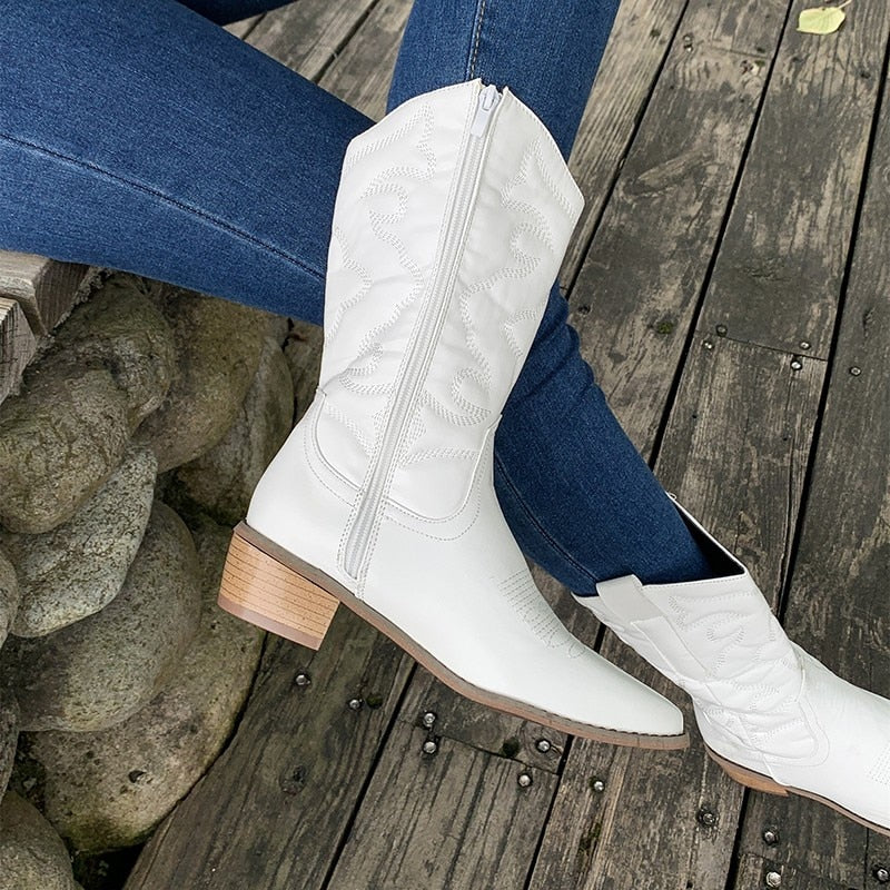 Stilla | Damessko I Støvle Stil Retro Western Cowboystøvler Med Sideskilt Zip