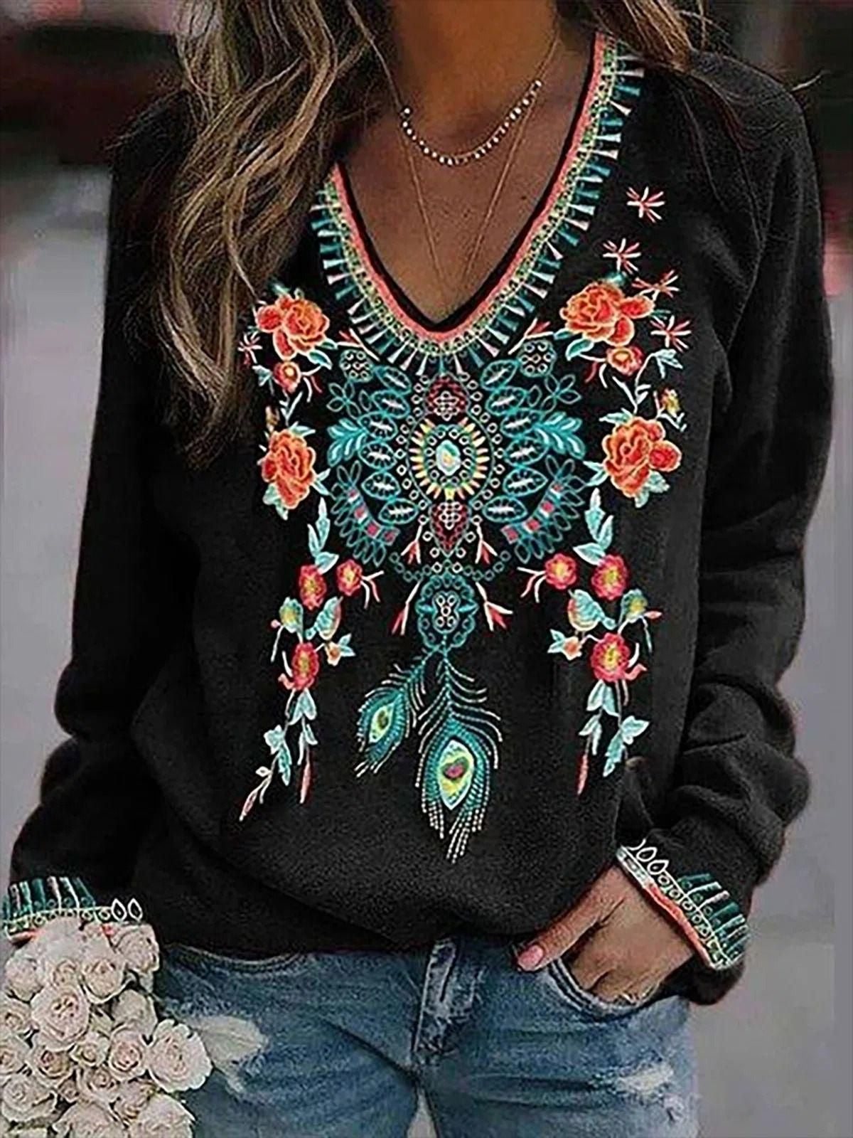 Stilla | Dame T-shirt Blomster Print V-hals Lange Ærme T-shirt
