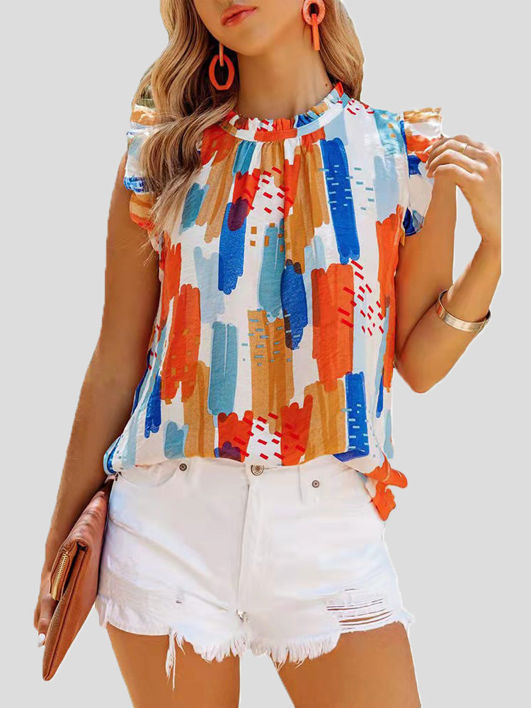 Stilla | Kvinder Bluser Afslappet Multifarvet Print Ærmeløs Chiffon Bluse