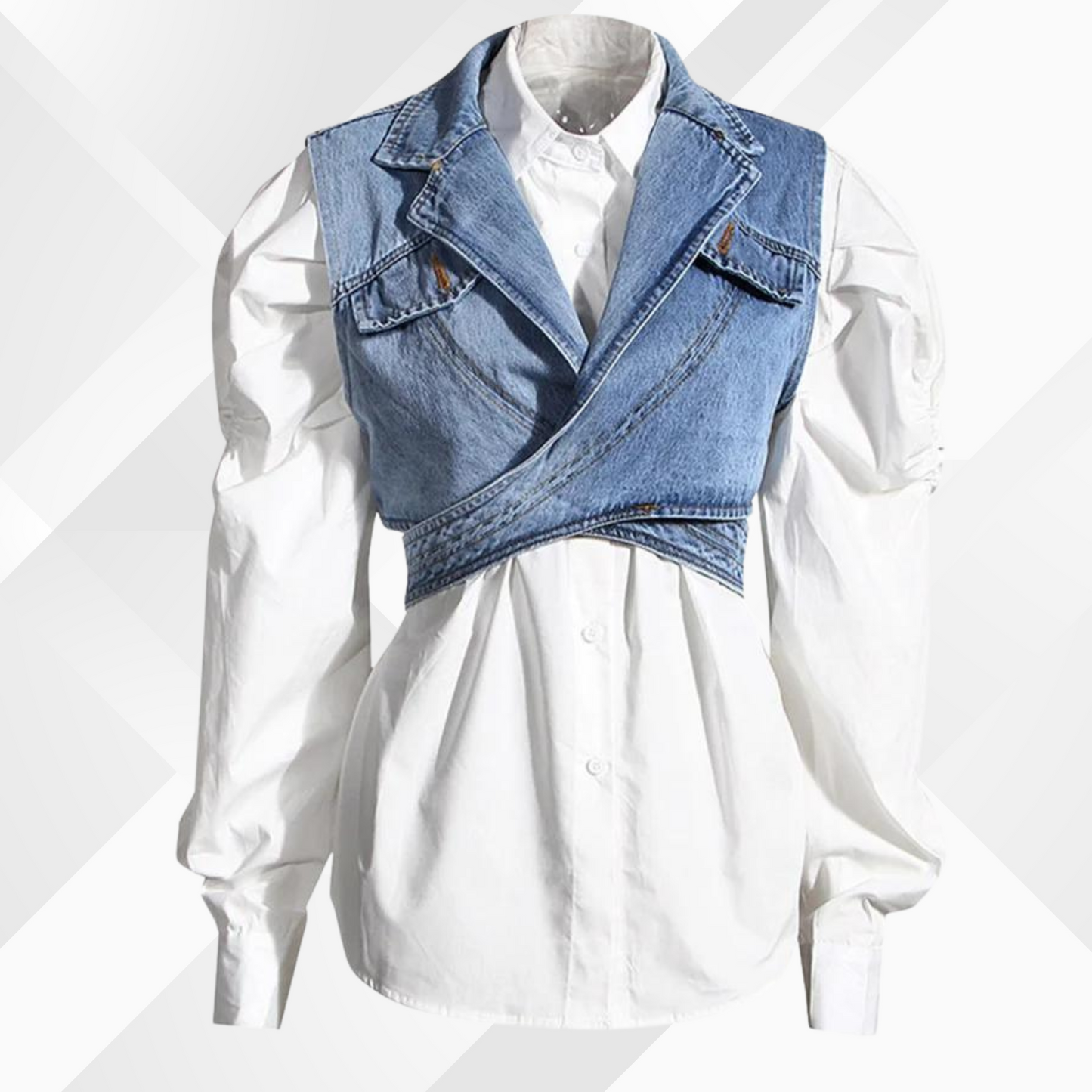 Stilla | Denim Vest Og Bluse Med Puffærmer