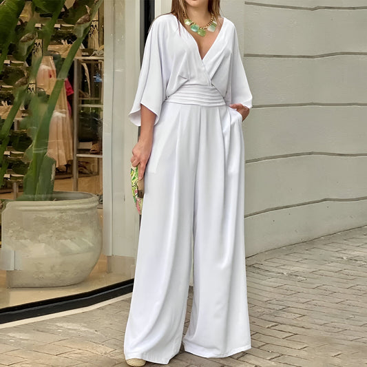 Stilla | Flagermusærmer Bred Ben Solid Farve Elegant Jumpsuit