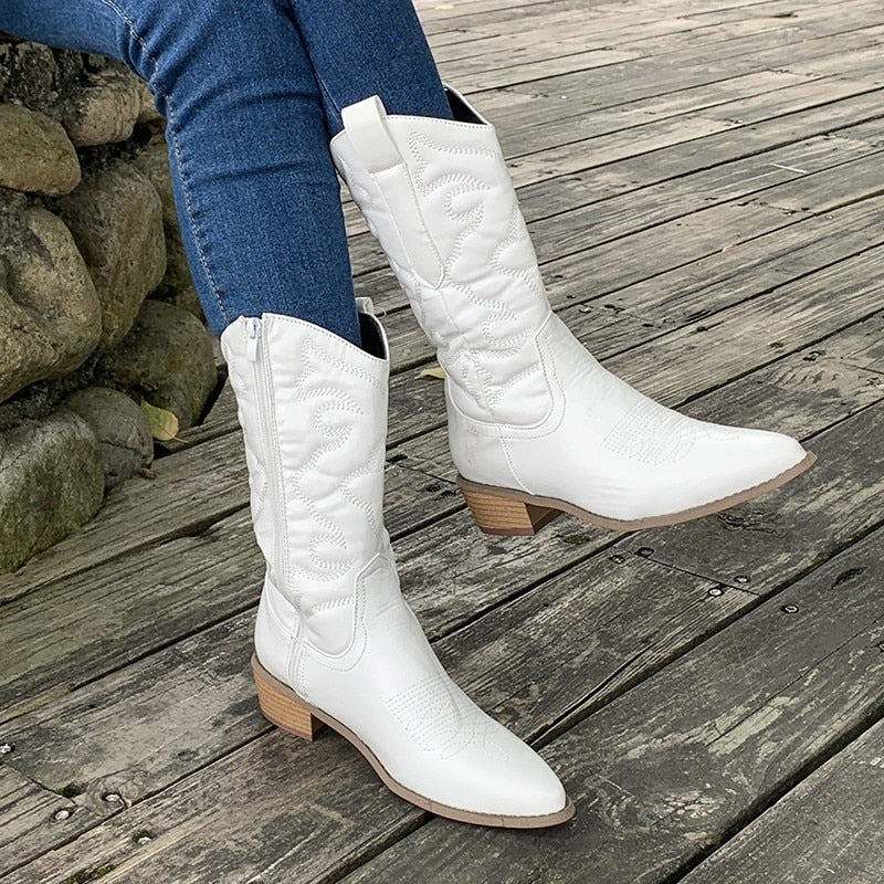 Stilla | Damessko I Støvle Stil Retro Western Cowboystøvler Med Sideskilt Zip