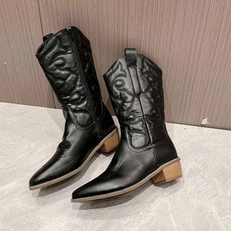 Stilla | Damessko I Støvle Stil Retro Western Cowboystøvler Med Sideskilt Zip