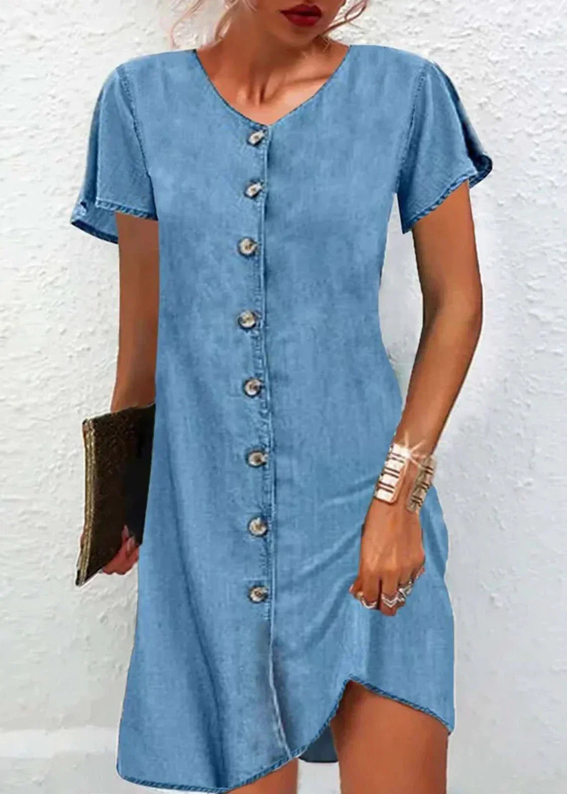 Stilla | Jeanskjole Med Korte Ærmer, V-udskæring, Knapper, Patchwork, Simpel Blå