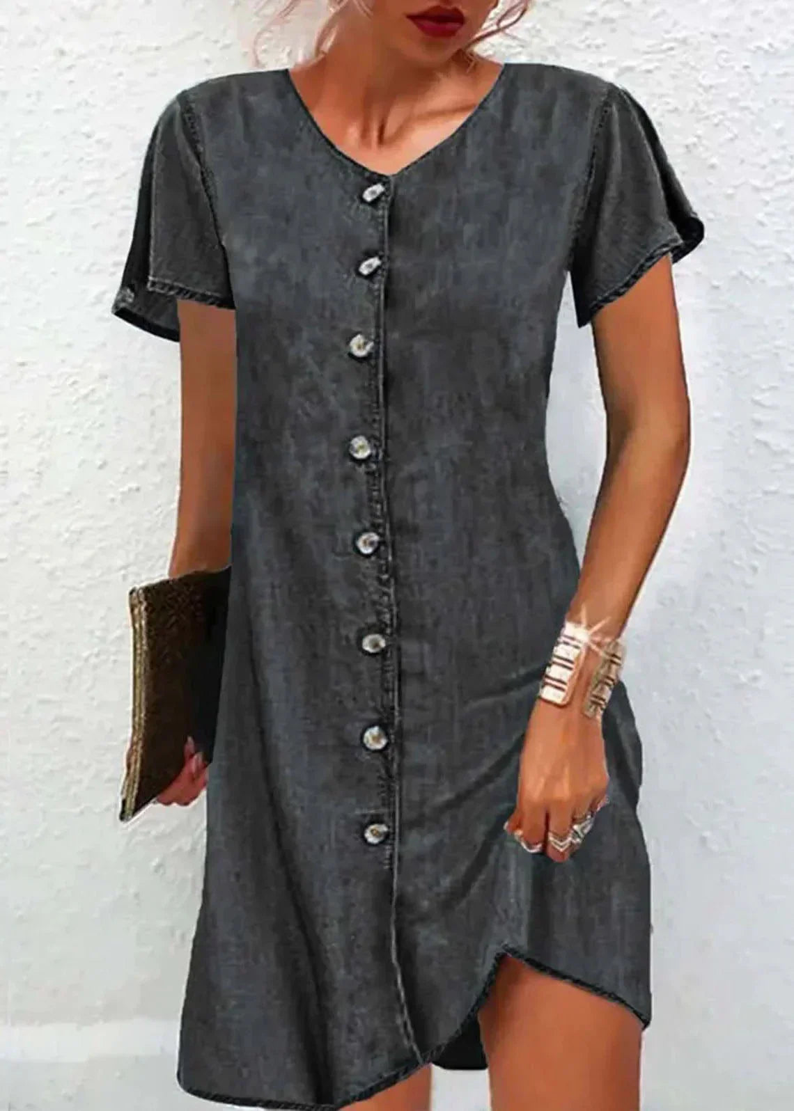 Stilla | Jeanskjole Med Korte Ærmer, V-udskæring, Knapper, Patchwork, Simpel Blå