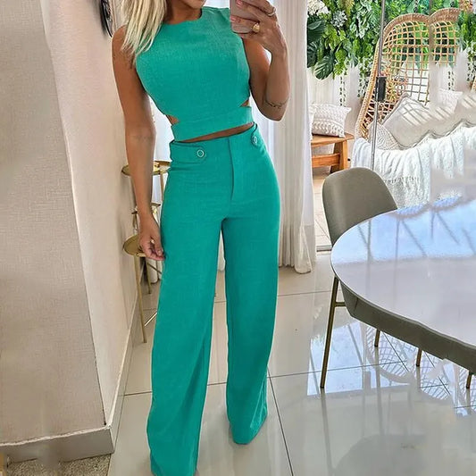 Stilla | Elegant Crop Top Højtaljet Lange Bukser Sæt