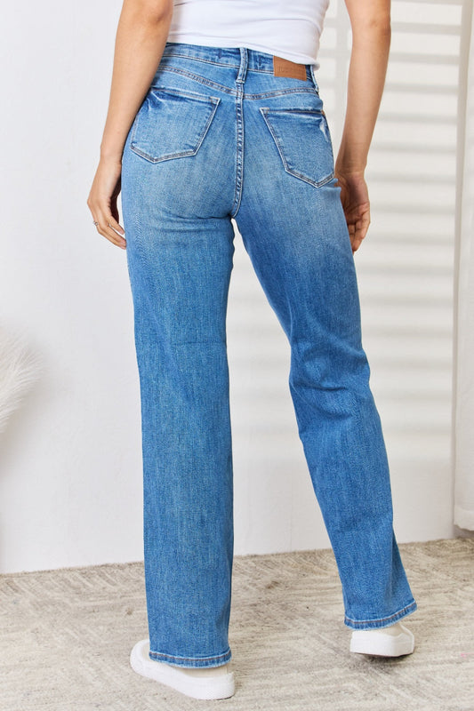 Stilla | Blå Fuldt Størrelse Høj Talje Distressed Straight-Leg Jeans