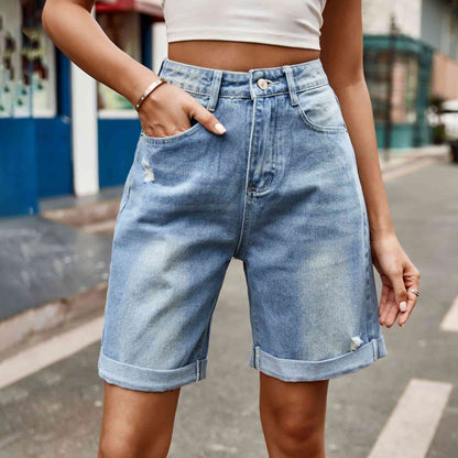 Stilla | Knappede Denim Shorts Med Lommer