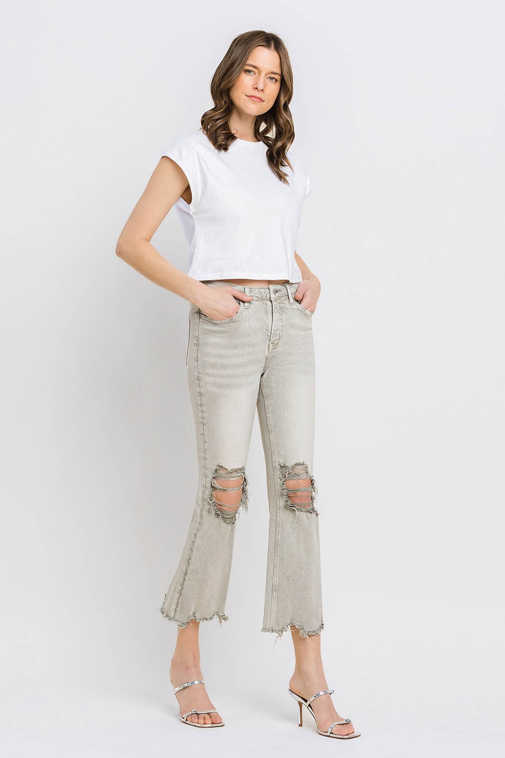 Stilla | Distressed Raw Hem Cropped Flare Jeans