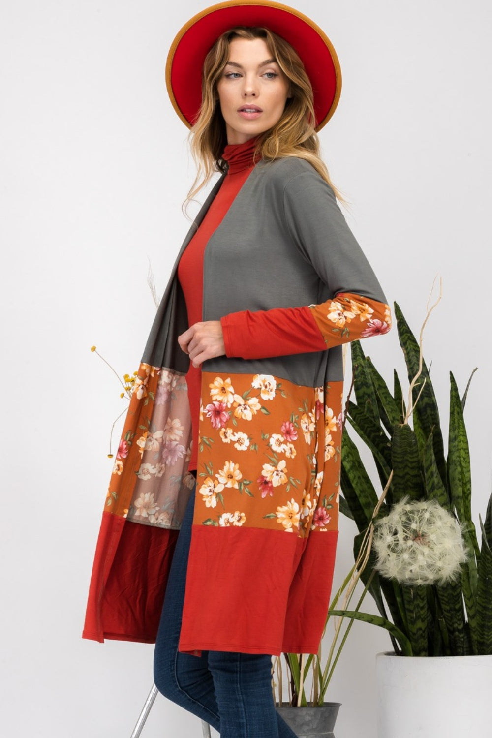 Stilla | Full Size Floral Color Block Åben Front Cardigan